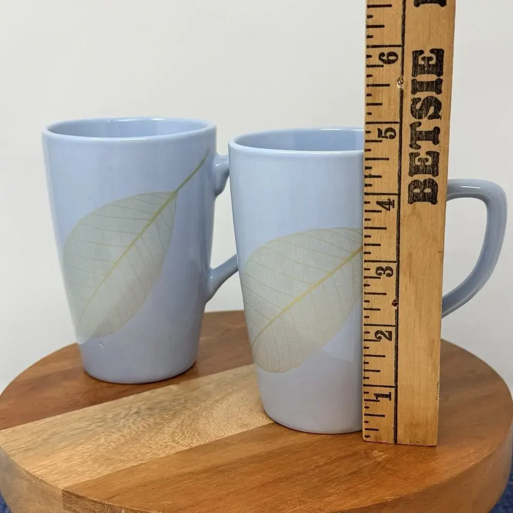 Pier 1 Aspen Blue with Gold Leaf Stoneware Coffee Mug Tea Cup Set Matching